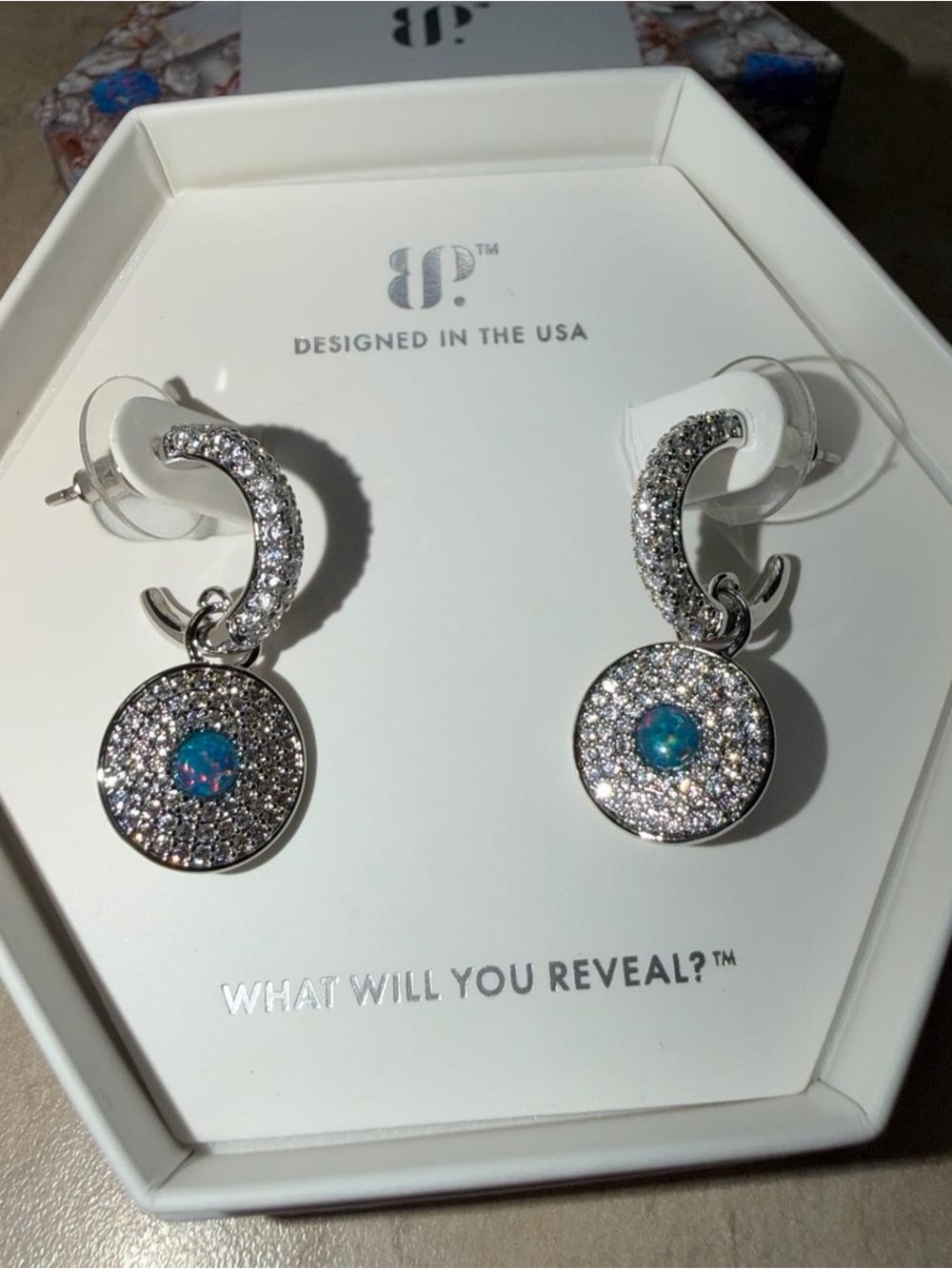 Opal Accent Pave Hoop Drop Earrings - Silver
